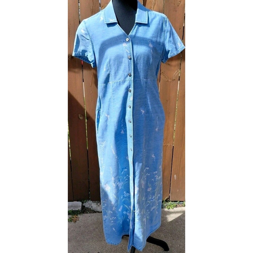 Cottagecore Womens Blue Floral Maxi Shirt Dress Size M Short Sleeve Witchy